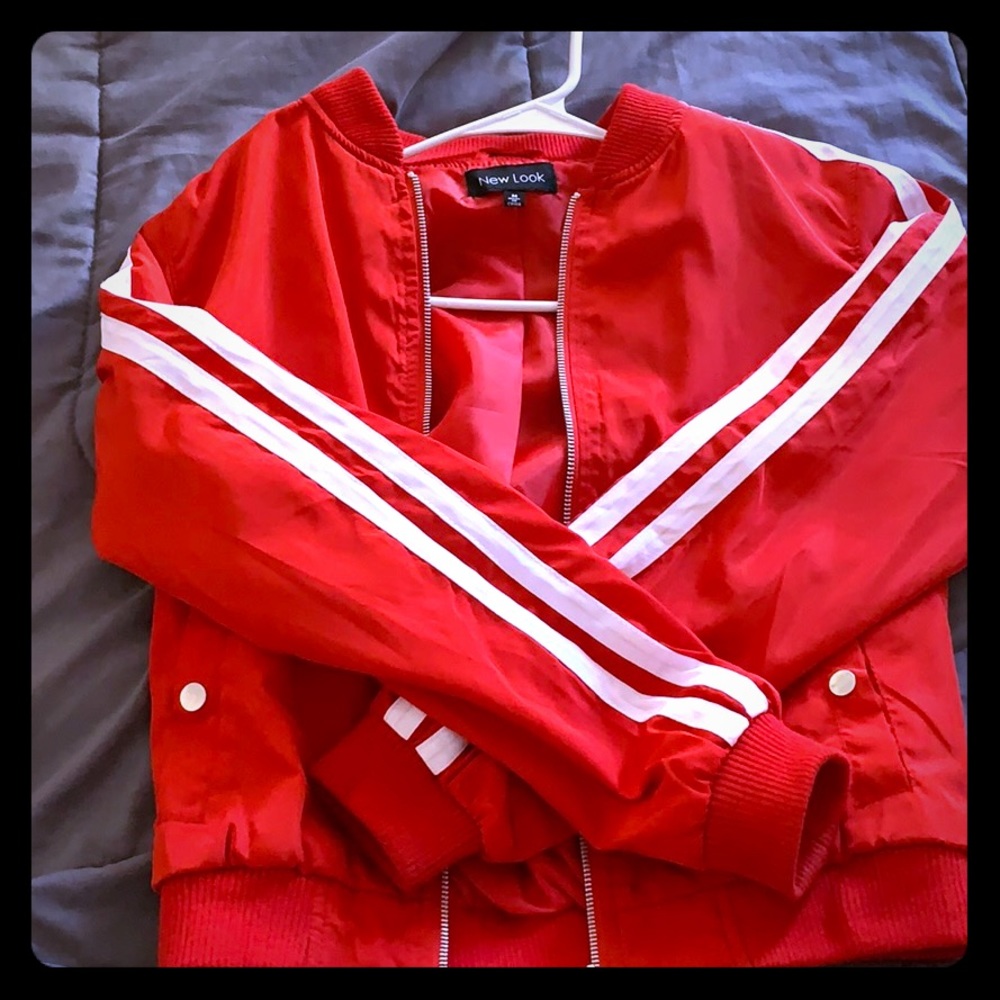 Red jacket with white stripes